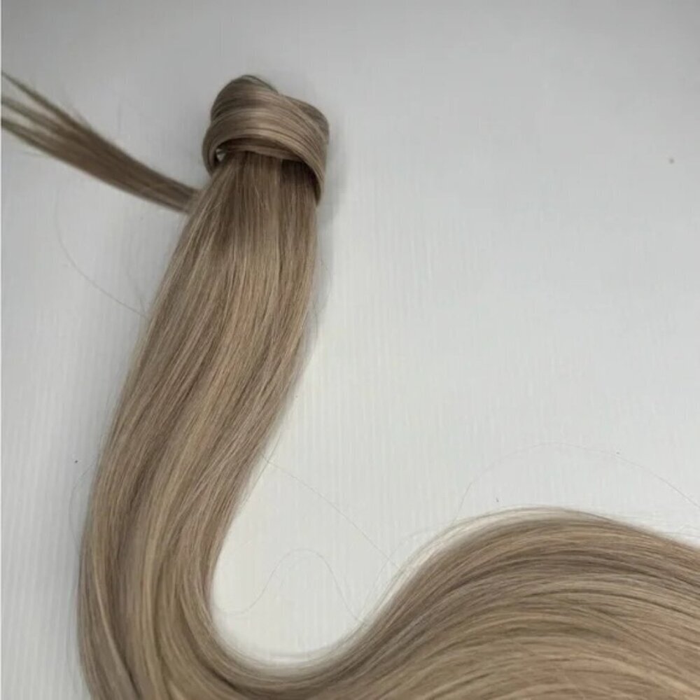 28” Human Hair Blend Wrap Around Ponytail – Silk Straight, Natural Ash Blonde
